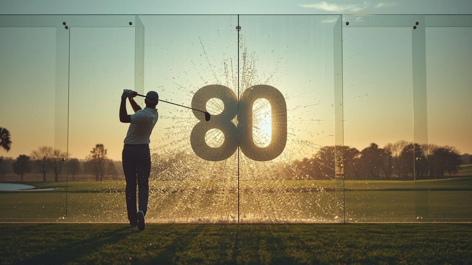Breaking-80-Golf-Mental-Barrier นักกอล์ฟสวิงลูกกอล์ฟทะลุกำแพงแก้วที่มีเลข_80_แตกกระจาย_สื่อถึงการเอาชนะขีดจำกัดเพื่อเบรก_80