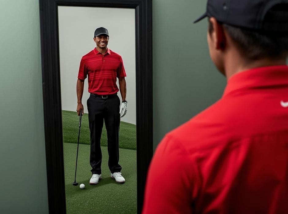 นักกอล์ฟสมัครเล่นมองกระจกเห็นเงาสะท้อนตัวเองเป็นโปรระดับโลก_แสดงเทคนิคการสมมติบทบาทเพื่อสร้างความมั่นใจ