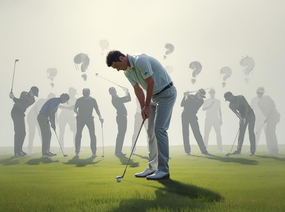 ภาพเปรียบเทียบอดีตที่เป็นสีเทา_อนาคตที่กังวล_แต่นักกอล์ฟอยู่กับปัจจุบันอย่างมีสีสัน_สื่อถึงการแก้ปัญหาฟอร์มตก