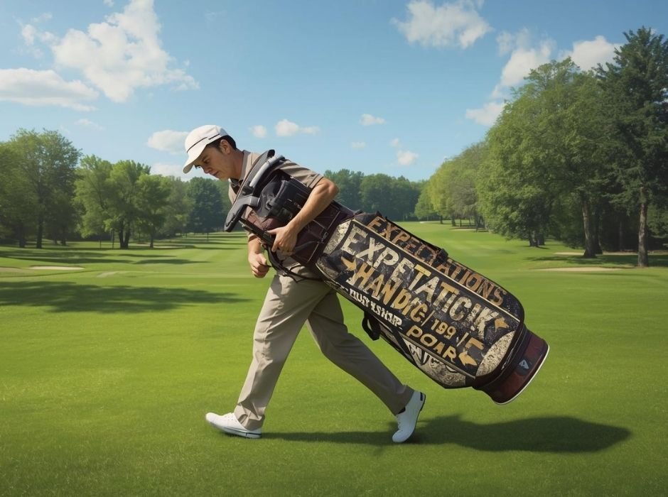 นักกอล์ฟแบกถุงกอล์ฟที่หนักอึ้งและมีคำว่า_ความคาดหวัง_ติดอยู่_แสดงถึงภาระทางใจที่ทำให้ตีกอล์ฟไม่ดี