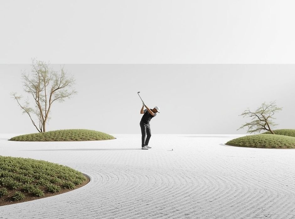นักกอล์ฟสวิงด้วยความสงบในสวนสไตล์เซน_สื่อถึงความจริงใจสูงสุดในการตีลูกโดยไม่หวังผลลัพธ์