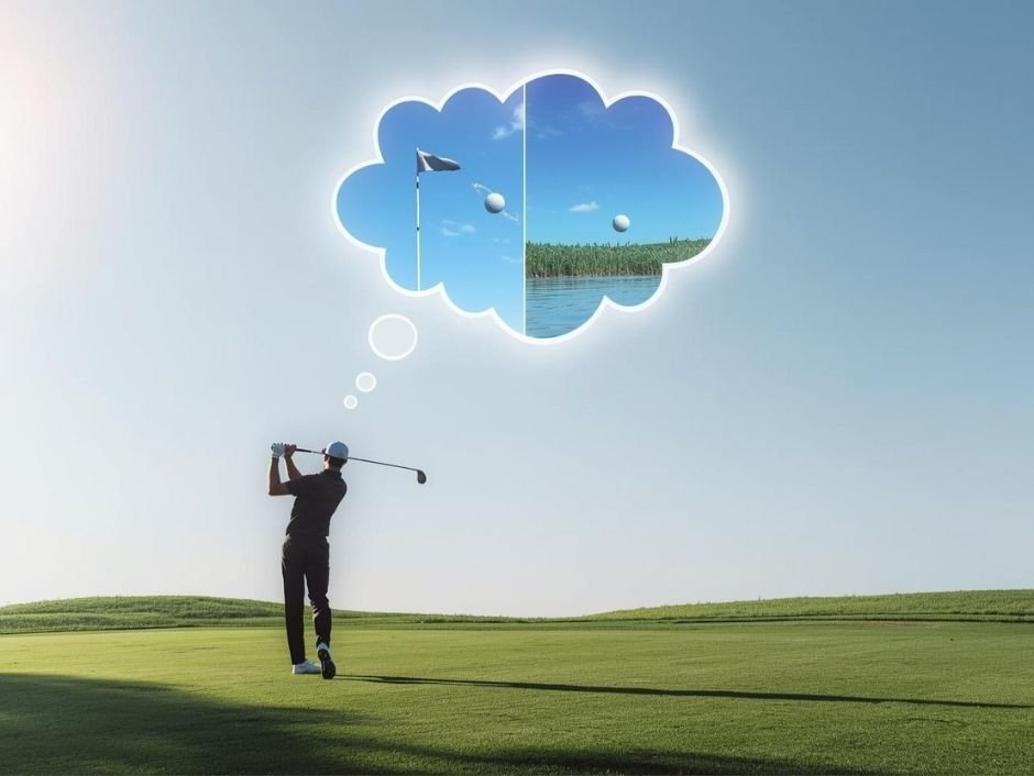 นักกอล์ฟที่มีฟองความคิดแสดงความเชื่อเชิงบวก (ตีสำเร็จ) และความเชื่อเชิงลบ (ตีพลาด) ซึ่งจะกำหนดผลลัพธ์