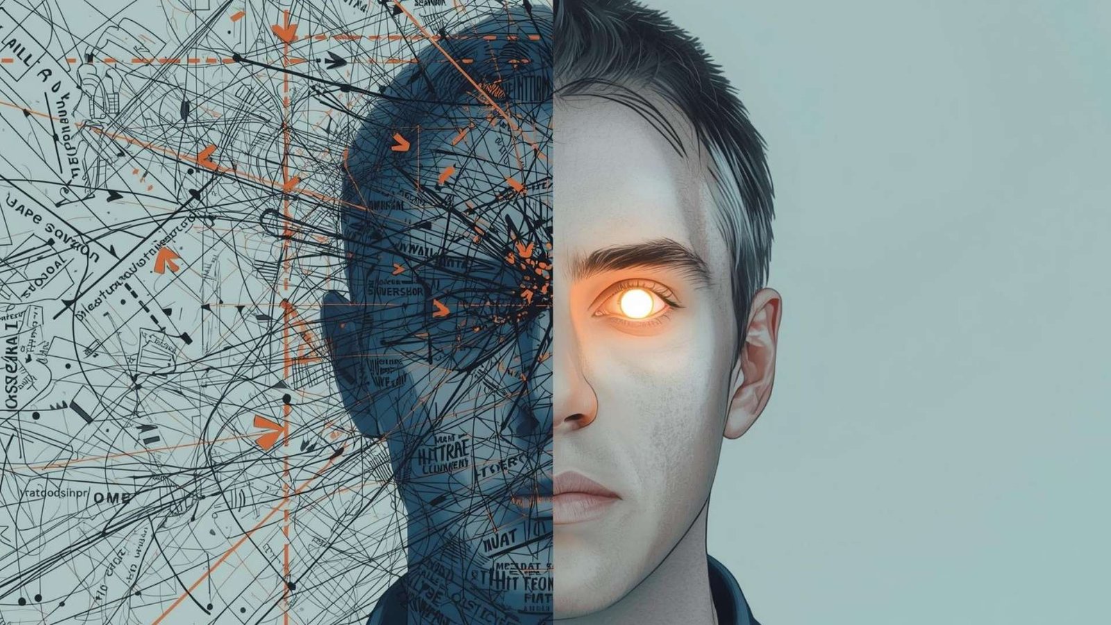 ภาพเปรียบเทียบสมองนักกอล์ฟ ด้านซ้ายสับสนด้วยเทคนิควงสวิง ด้านขวาปลอดโปร่งมุ่งเน้นที่เกม สื่อถึงแนวคิด GOLF54