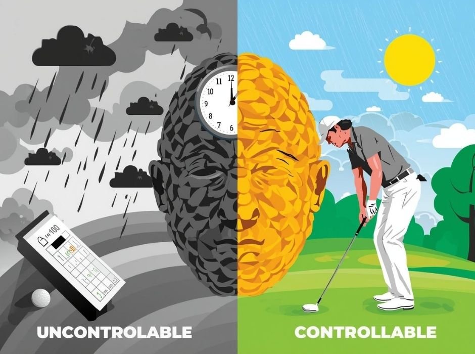 ภาพเปรียบเทียบสิ่งที่นักกอล์ฟควบคุมไม่ได้เช่นสภาพอากาศและสกอร์ กับสิ่งที่ควบคุมได้เช่นลมหายใจและการเล็ง