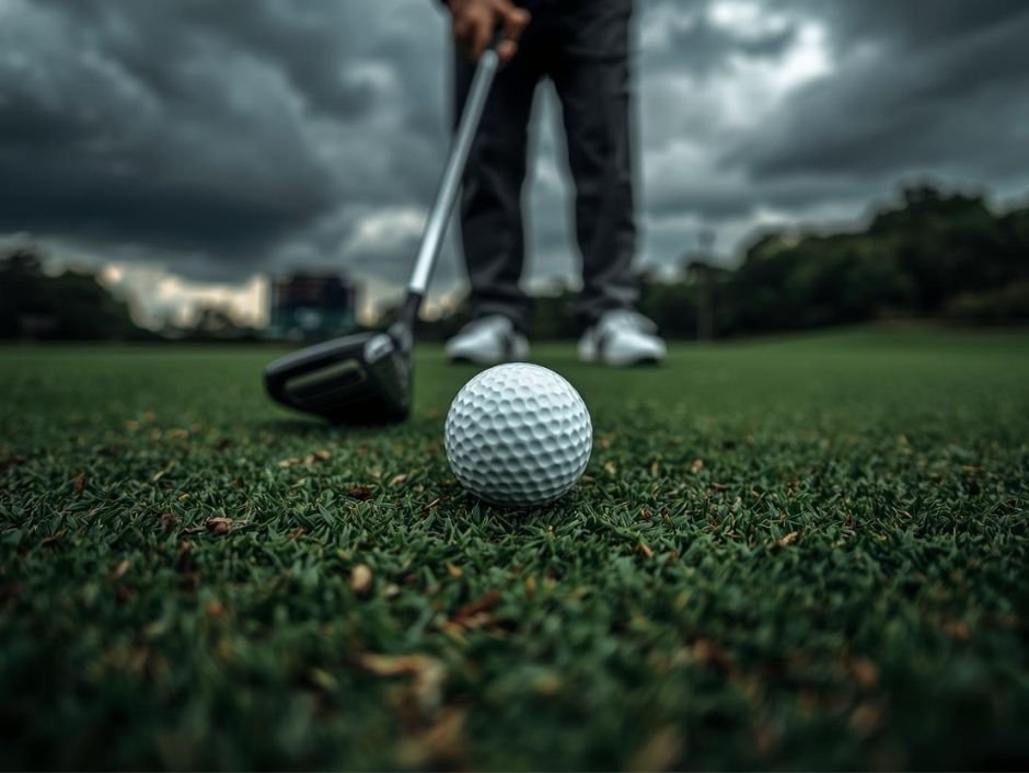 มุมมองของนักกอล์ฟที่เห็นมือและลูกกอล์ฟชัดเจน ขณะที่พื้นหลังเป็นสกอร์บอร์ดและเมฆฝนที่เบลอ สื่อถึงการโฟกัสกระบวนการที่ควบคุมได้