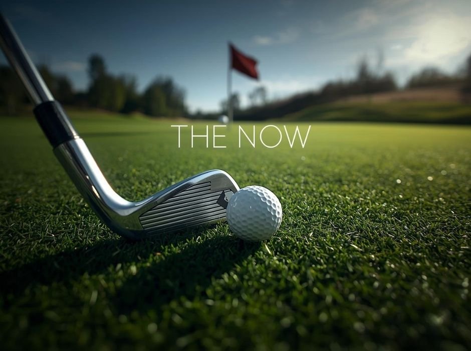 มุมมองบุคคลที่หนึ่งของนักกอล์ฟที่โฟกัสชัดเจนที่ลูกกอล์ฟและหน้าไม้ เบลอฉากหลัง เพื่อสื่อถึงการอยู่กับปัจจุบัน