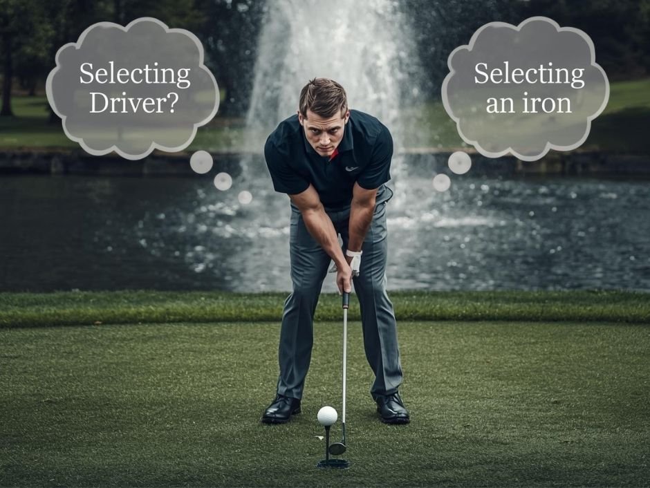 นักกอล์ฟกำลังลังเลใจในการเลือกไม้กอล์ฟก่อนตี สื่อถึงความคิดที่ย่ำแย่ที่นำไปสู่วงสวิงที่ผิดพลาด