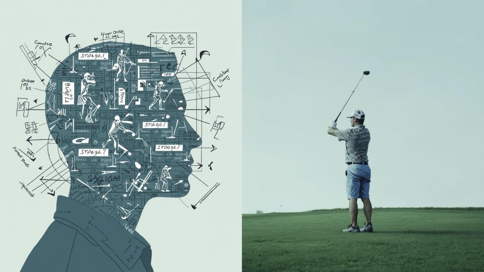 golf-mental-clarity-vs-technical-confusion ภาพแบ่งครึ่งแสดงจิตใจของนักกอล์ฟ ด้านหนึ่งปลอดโปร่งและมุ่งเน้นไปที่เป้าหมาย อีกด้านหนึ่งเต็มไปด้วยความคิดเรื่องวงสวิงที่สับสนวุ่นวาย