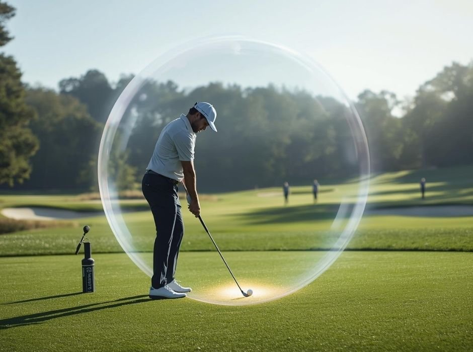 ภาพนักกอล์ฟยืนอยู่ในฟองอากาศเรืองแสงที่ตัดสิ่งรบกวนภายนอกออกไป สื่อถึงการมีสมาธิกับเกมในเกม
