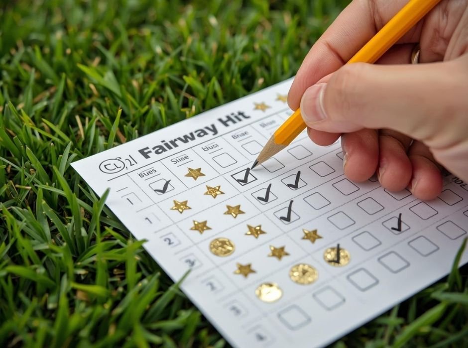 สกอร์การ์ดกอล์ฟที่ถูกดัดแปลงเป็นเกมเก็บแต้ม มีรูปดาวและเหรียญทองแทนตัวเลขสกอร์ปกติ