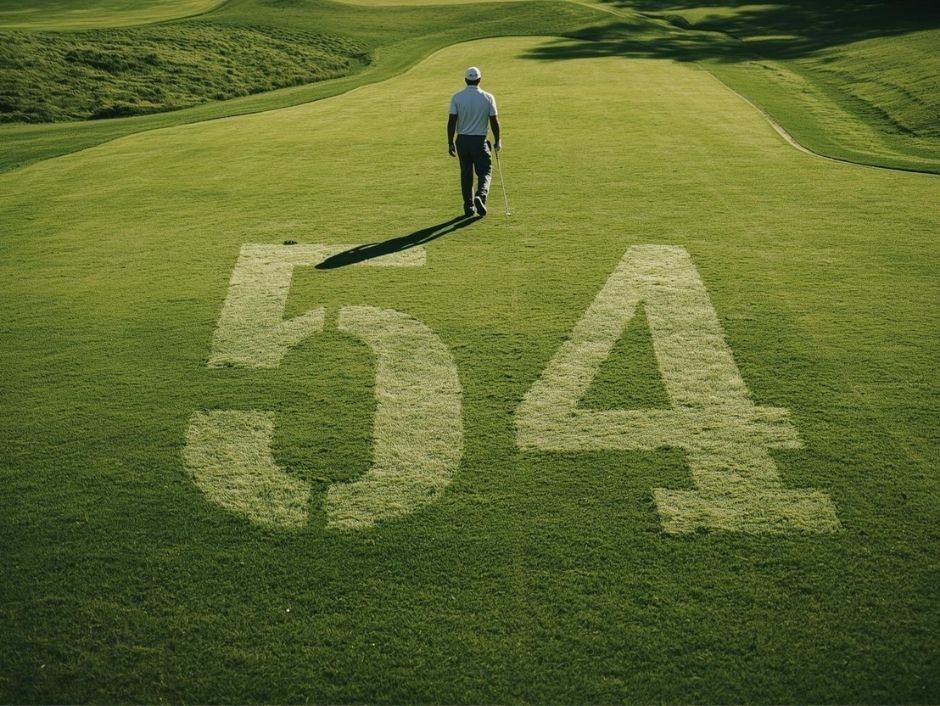 นักกอล์ฟเดินอย่างมุ่งมั่นบนแฟร์เวย์ โดยมีเลข 54 เป็นส่วนหนึ่งของเส้นทาง สื่อว่า 54 คือกระบวนการ ไม่ใช่สกอร์