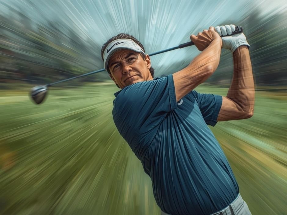 ภาพนักกอล์ฟกำลังสวิงอย่างทรงพลังและลื่นไหลใน "Play Box" ใบหน้าสงบไร้ความคิด แสดงถึงการปล่อยให้สัญชาตญาณทำงาน
