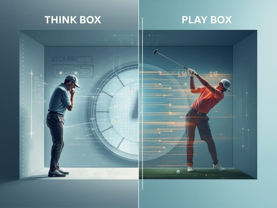 ภาพแบ่งครึ่งแสดงนักกอล์ฟที่คิดช้าอย่างละเอียดใน "Think Box" เทียบกับการสวิงที่รวดเร็วและเด็ดขาดใน "Play Box"