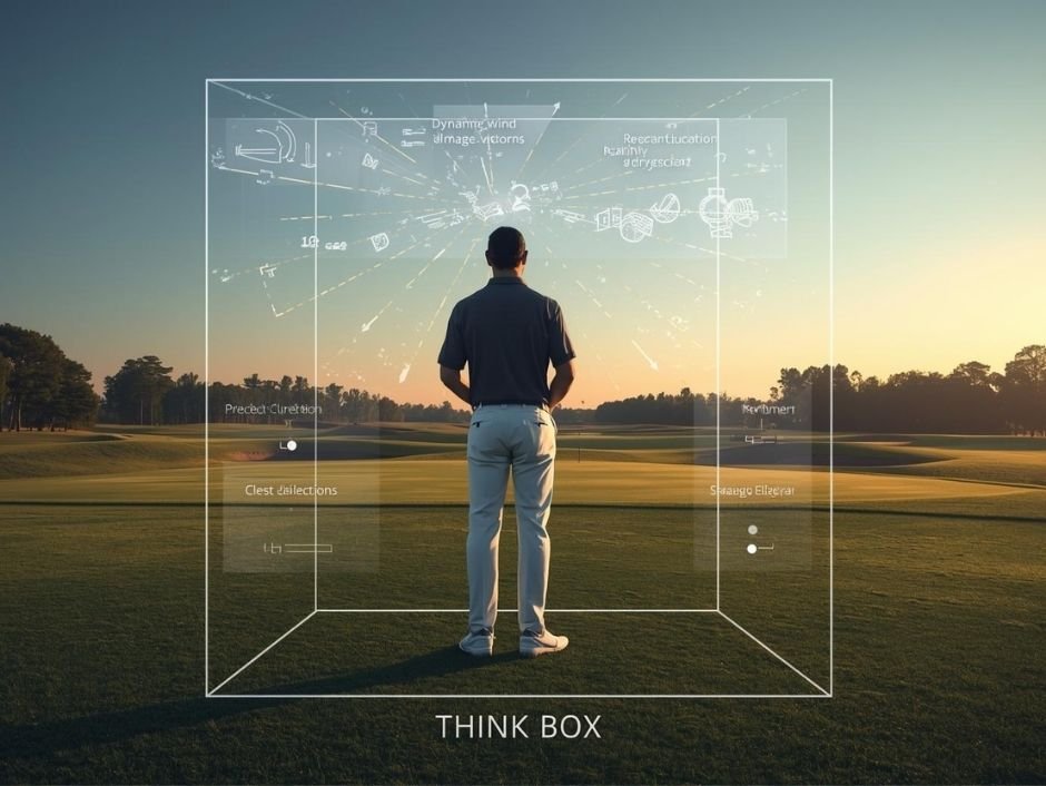 นักกอล์ฟใน "Think Box" ที่มีภาพซ้อนของการวิเคราะห์ลม ระยะ และการเลือกไม้ แสดงถึงการใช้สมองซีกซ้ายเพื่อวางแผน