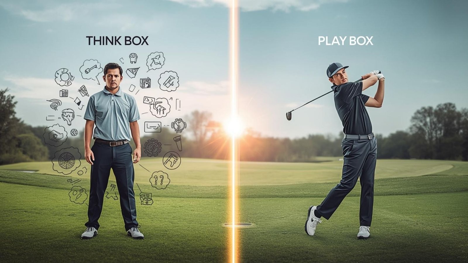golf54-think-box-play-box-featured ภาพแบ่งครึ่งแสดงนักกอล์ฟใน "Think Box" ที่เต็มไปด้วยความคิด กับ "Play Box" ที่กำลังสวิงอย่างสงบและมั่นใจ