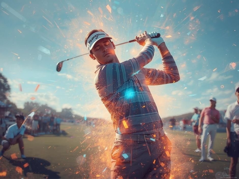 ภาพนักกอล์ฟที่อยู่ในภาวะ "เข้าโซน" กำลังสวิงอย่างลื่นไหลและมีสมาธิสูง โดยมีแสงเรืองรองออกมาจากตัว