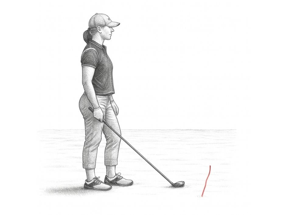 ภาพมุมสูงของสนามซ้อมกอล์ฟที่มีเชือกกั้นเป็น "Decision Line" แบ่งเป็น "Think Box" และ "Play Box" โดยมีเท้าของนักกอล์ฟอยู่ใน Think Box