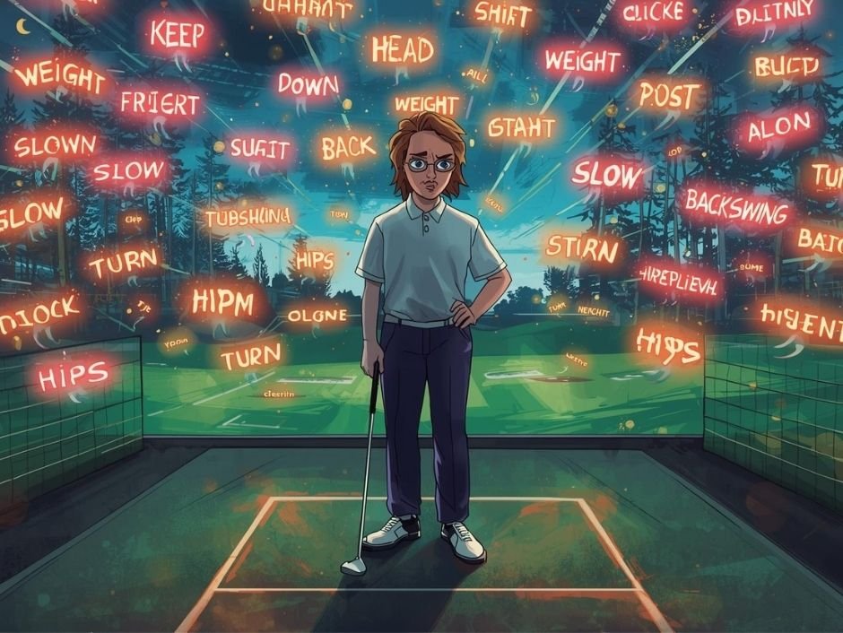 ภาพประกอบนักกอล์ฟสับสนในสนามไดรฟ์ ถูกล้อมรอบด้วยกล่องข้อความทิปส์กอล์ฟที่ขัดแย้งกัน สื่อถึงการได้รับข้อมูลมากเกินไป
