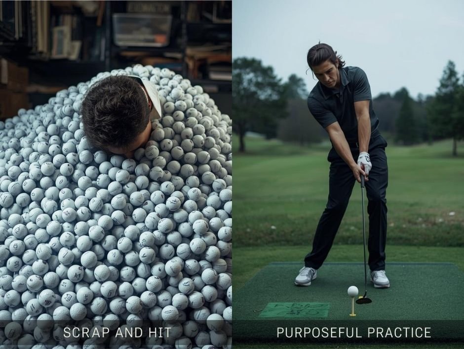 ภาพแบ่งครึ่งเปรียบเทียบการซ้อมกอล์ฟแบบไม่คิดที่มีลูกกอล์ฟกองโต กับการซ้อมอย่างมีเป้าหมายด้วยลูกเดียวและกิจวัตรก่อนตี