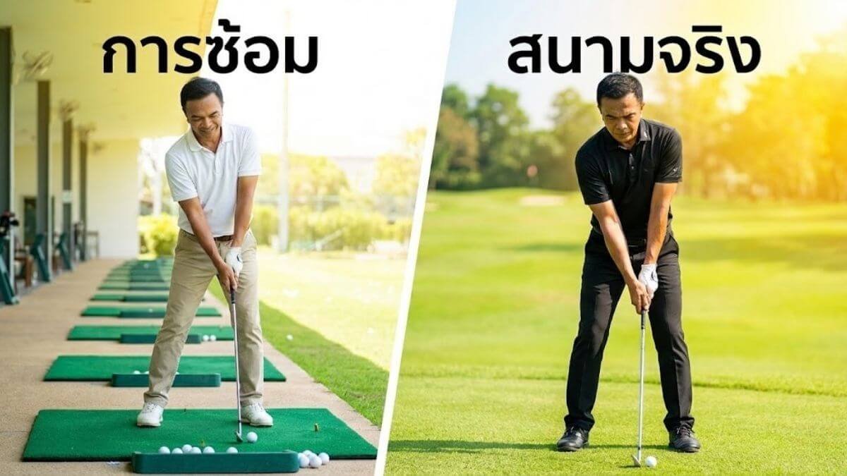 ภาพเปรียบเทียบการซ้อมกอล์ฟและการเล่นจริง แสดงความสำคัญของการสร้างรูทีนที่เหมือนกัน