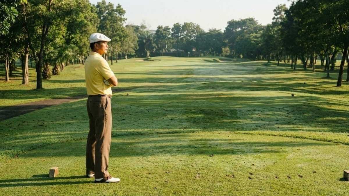 นักกอล์ฟยืนวางแผนการเล่นอย่างรอบคอบบนแท่นที สื่อถึงแนวคิดของแจ็ค นิคลอสในการตีทุกช็อตอย่างมีความหมาย