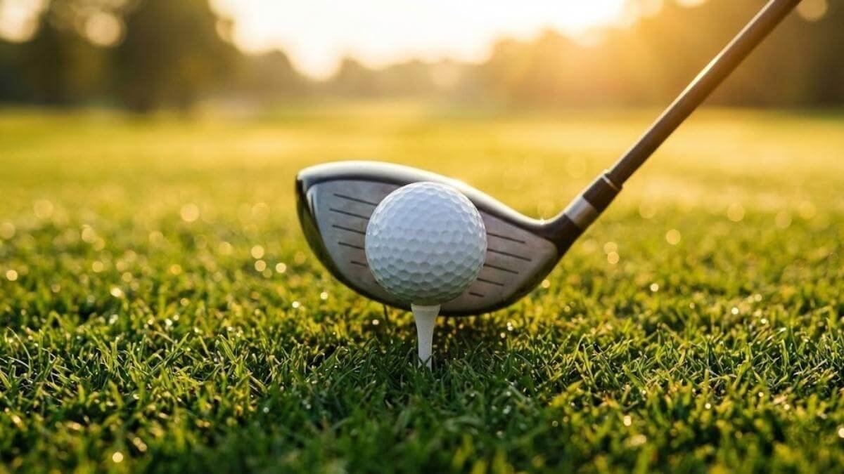 most-important-golf-shot-focus ภาพลูกกอล์ฟบนทีและหัวไม้ที่จดจ่อสมาธิ สื่อถึงช็อตที่สำคัญที่สุดคือกอล์ฟช็อตตรงหน้า