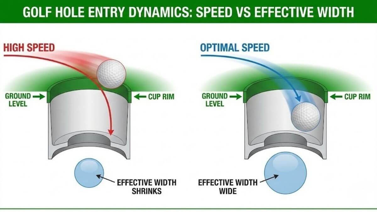 ภาพแสดงหลักการฟิสิกส์ของความกว้างปากหลุมที่เปลี่ยนไปตามความเร็วลูกกอล์ฟ