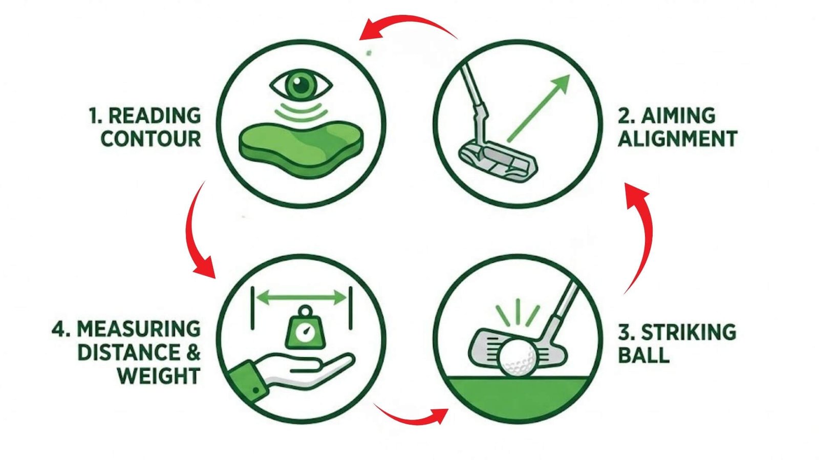 แผนภาพแสดง 4 ทักษะสำคัญในการพัตต์กอล์ฟ: การอ่านไลน์ การเล็ง การสโตรก และการคุมน้ำหนัก