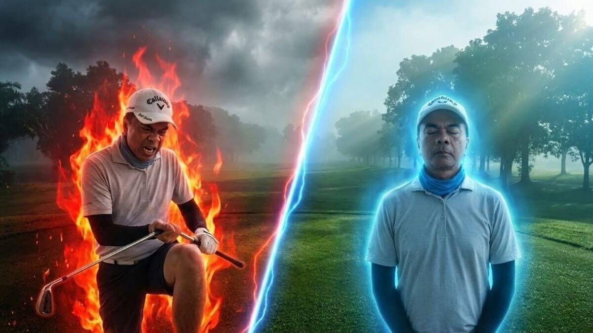 golf-anger-makes-us-stupid-featured ภาพเปรียบเทียบนักกอล์ฟที่กำลังโกรธจนตัวเป็นไฟ กับนักกอล์ฟที่สงบนิ่ง สื่อถึงแนวคิดยิ่งโกรธยิ่งโง่ในสนามกอล์ฟ