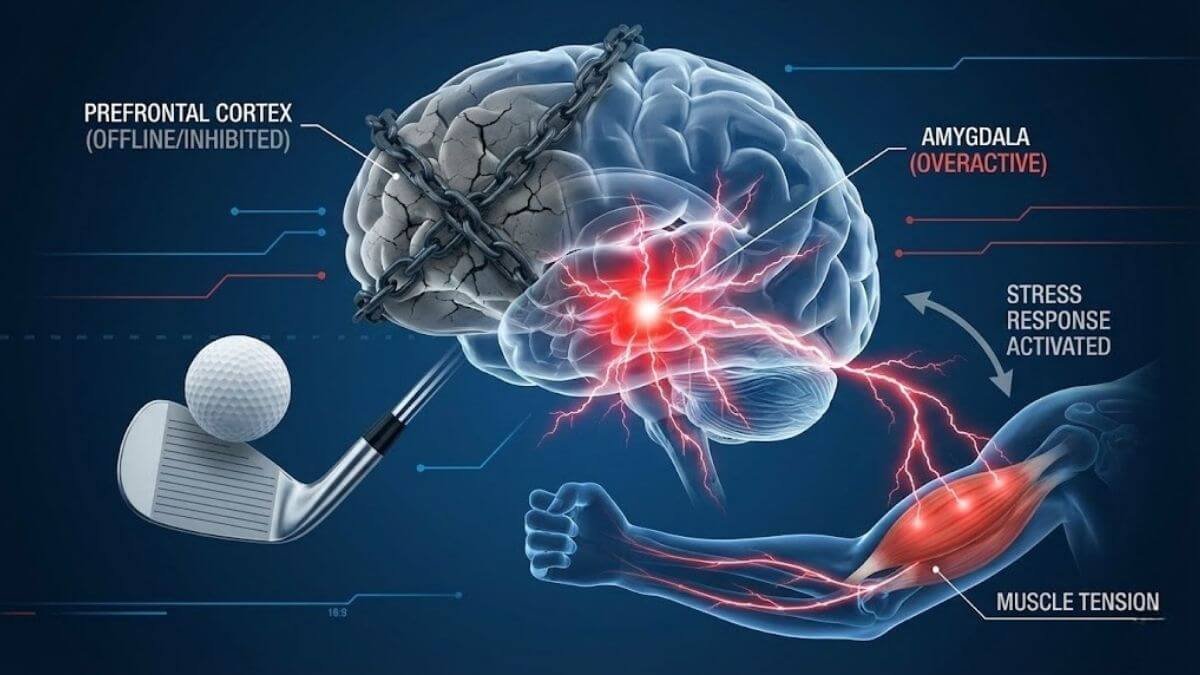 ภาพอินโฟกราฟิกแสดงสมองนักกอล์ฟขณะโกรธ โดยสมองส่วนคิดถูกปิดกั้น และสมองส่วนอารมณ์เข้าควบคุมแทน