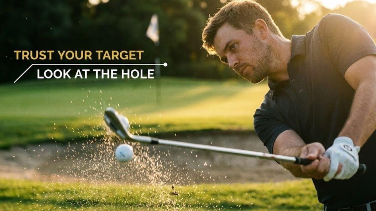 นักกอล์ฟฝึกซ้อมลูกสั้นโดยตามองที่หลุมขณะไม้กระทบลูก