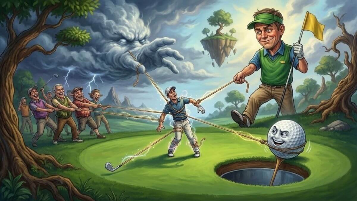 นักกอล์ฟถูกชักใยโดยลม ฟ้า แคดดี้ และปัจจัยภายนอกอื่นๆ สื่อถึงการสูญเสียอำนาจเมื่อเล่นบทเหยื่อ