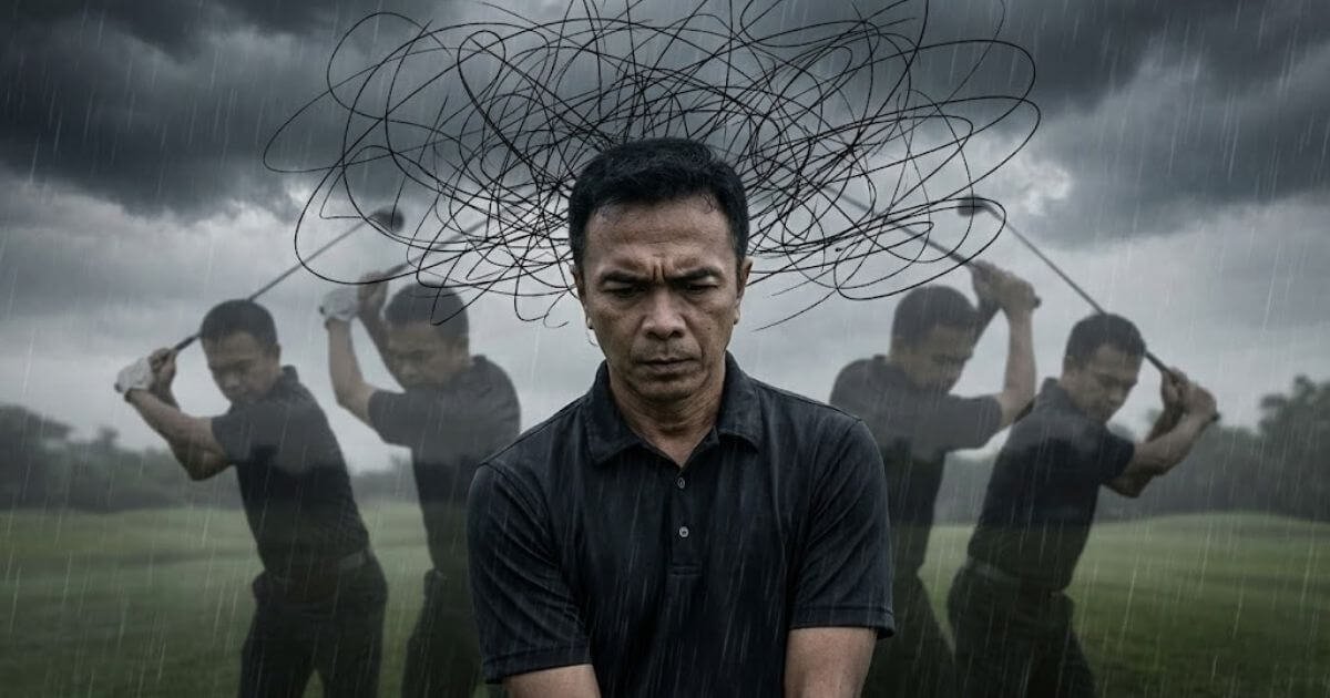 golf-mental-game-overthinking-struggle นักกอล์ฟยืนสีหน้าเครียดท่ามกลางสายฝน มีเส้นขีดเขียนเหนือศีรษะสื่อถึงความคิดที่สับสน และเงาสวิงด้านหลังที่แสดงถึงการซ้อมผิดวิธีซ้ำๆ