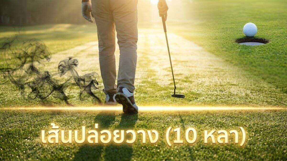 มุมมองนักกอล์ฟกำลังก้าวข้ามเส้นสมมติ 10 หลาหลังตีเสร็จ เพื่อทิ้งความโกรธไว้ข้างหลังและเดินหน้าต่อ
