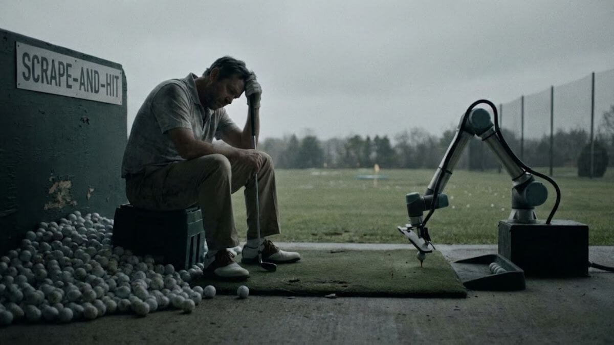 นักกอล์ฟยืนหน้าง่วงอยู่หน้ากองลูกกอล์ฟจำนวนมากในสนามไดร์ฟ สื่อถึงการซ้อมแบบไร้จุดหมาย