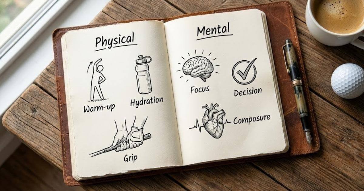 ภาพมุมสูงของสมุดบันทึกกอล์ฟเปิดกางอยู่บนโต๊ะไม้ หน้าซ้ายระบุหัวข้อ 'Physical' (กายภาพ) พร้อมไอคอนการวอร์มอัพและขวดน้ำ หน้าขวาระบุหัวข้อ 'Mental' (จิตใจ) พร้อมไอคอนสมองเรืองแสงและหัวใจที่มั่นคง มีปากกาวางอยู่ข้างๆ สื่อถึงความสำคัญของการวางแผนฝึกซ้อมและการสร้างนิสัยใหม่ในการเล่นกอล์ฟ