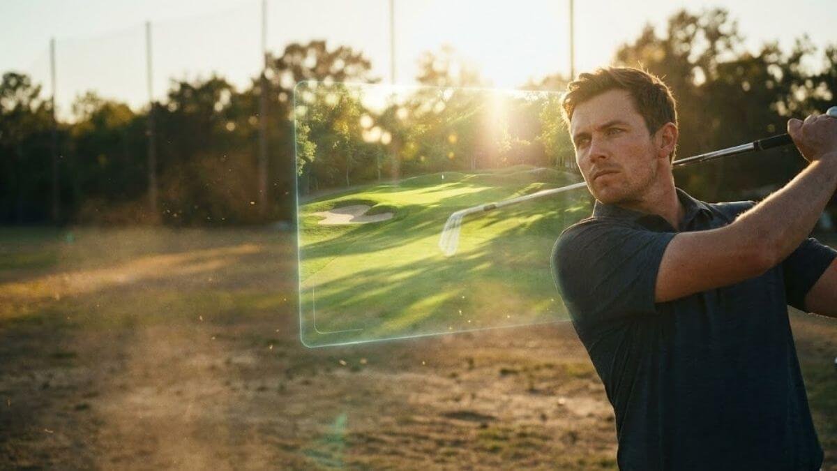 ภาพกราฟิกแสดงความคิดในหัวนักกอล์ฟที่กำลังจินตนาการเห็นแฟร์เวย์สนามจริงซ้อนทับอยู่บนสนามไดร์ฟ