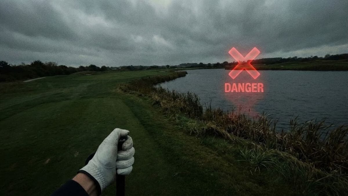 นักกอล์ฟยืนเครียดมองบ่อน้ำในสนามกอล์ฟ สื่อถึงความกลัวอุปสรรค