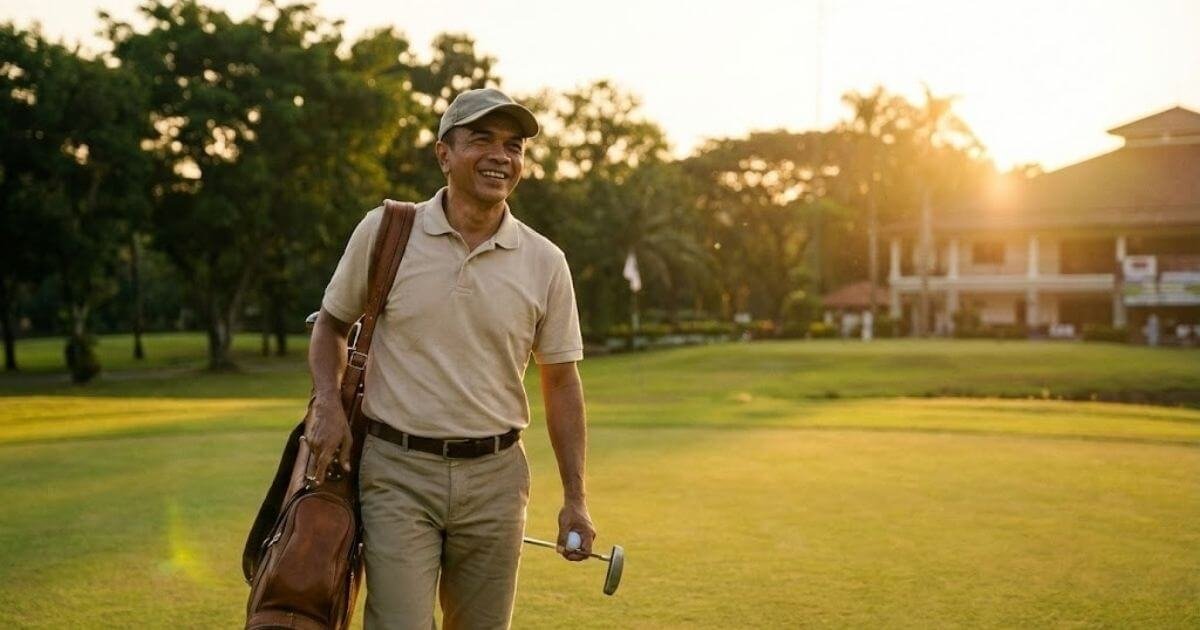 ภาพ Pro Turk เดินลงจากกรีนพร้อมรอยยิ้มกว้างและแบกถุงกอล์ฟด้วยท่าทางผ่อนคลาย ท่ามกลางแสงแดดสีทองยามเย็น สื่อถึงทัศนคติเชิงบวก (Positive Mindset) ความสุขในการเล่นกอล์ฟ และการปล่อยวางความกดดันจากผลการแข่งขัน