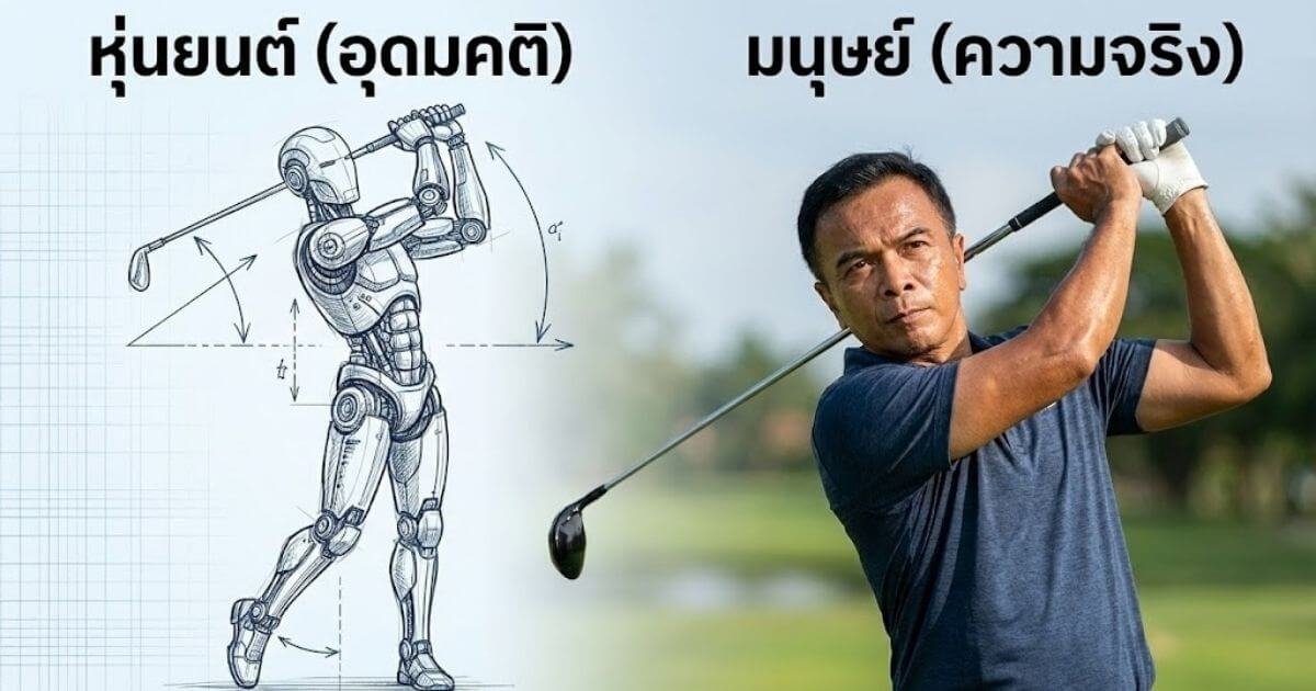 กราฟิกเปรียบเทียบวงสวิงกอล์ฟ แบ่งครึ่งซ้ายขวา ด้านซ้ายเป็นภาพสเก็ตช์หุ่นยนต์ตีกอล์ฟพร้อมข้อความ 'หุ่นยนต์ (อุดมคติ)' แสดงกลไกที่แม่นยำ ด้านขวาเป็นภาพนักกอล์ฟจริง (Pro Turk) พร้อมข้อความ 'มนุษย์ (ความจริง)' แสดงสีหน้ามุ่งมั่น เหงื่อ และความยืดหยุ่นของร่างกายตามธรรมชาติ พื้นหลังเป็นสนามกอล์ฟ