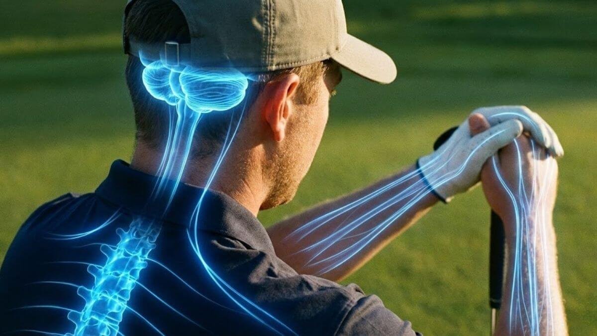 กราฟิกแสดงตำแหน่งสมองน้อย (Cerebellum) ของนักกอล์ฟและการควบคุมการพัตต์