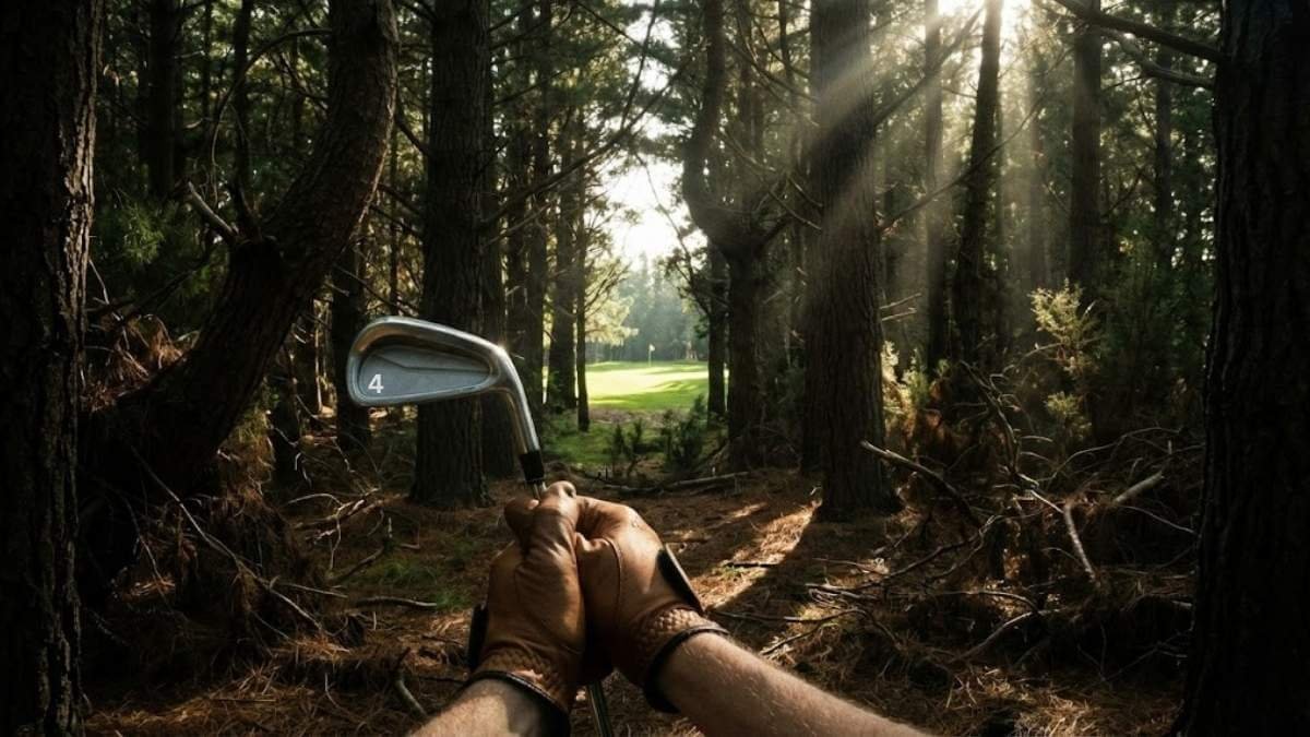 มุมมองนักกอล์ฟยืนอยู่ในป่าทึบ มองเห็นช่องว่างเล็กๆ ระหว่างต้นไม้ สื่อถึงความเสี่ยงในการตีช็อตเกินตัว