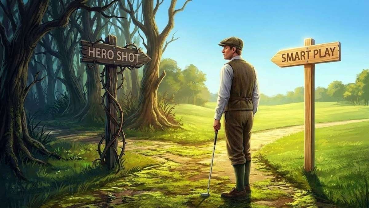 ภาพเปรียบเทียบทางเลือกของนักกอล์ฟระหว่างการตีช็อตเสี่ยงแบบฮีโร่ กับการเล่นแบบฉลาดเพลย์เซฟ