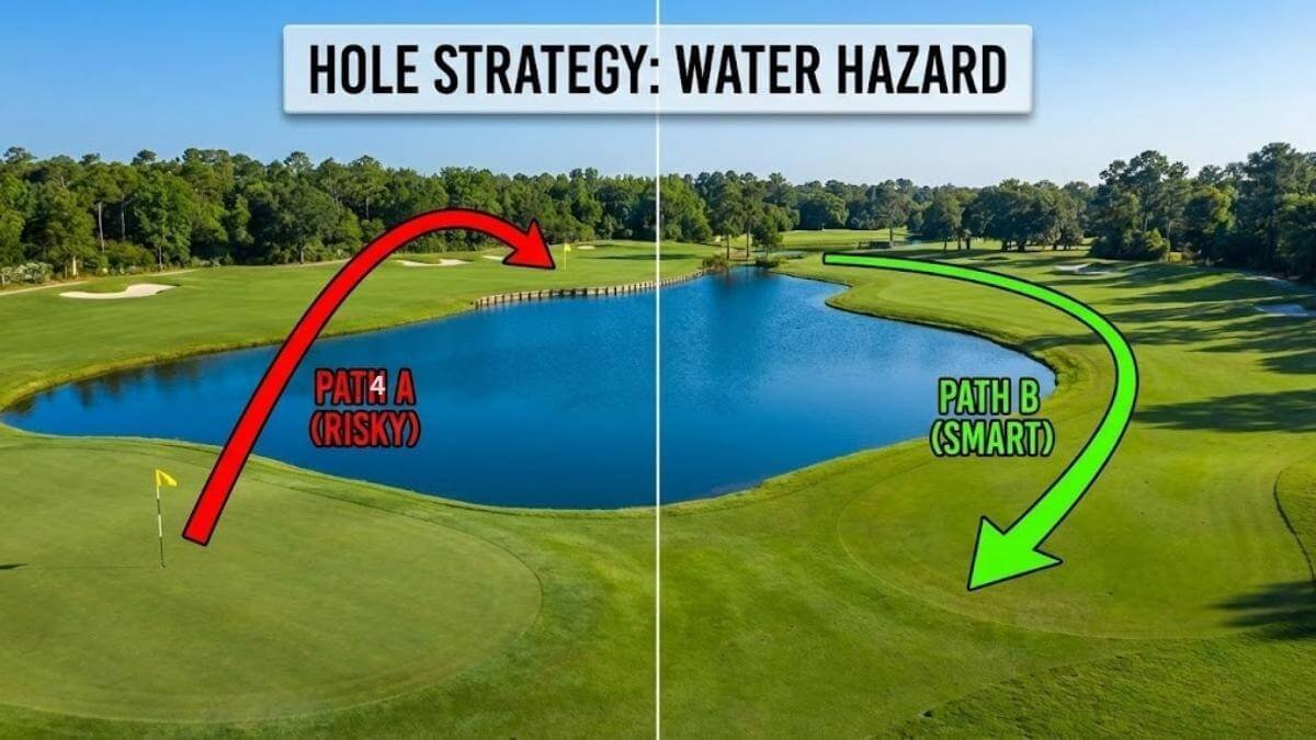 ภาพเปรียบเทียบทางเลือกสองทาง ทางซ้ายเป็นทางลัดข้ามน้ำที่อันตราย ทางขวาเป็นทางอ้อมที่ปลอดภัยแต่ไกลกว่า