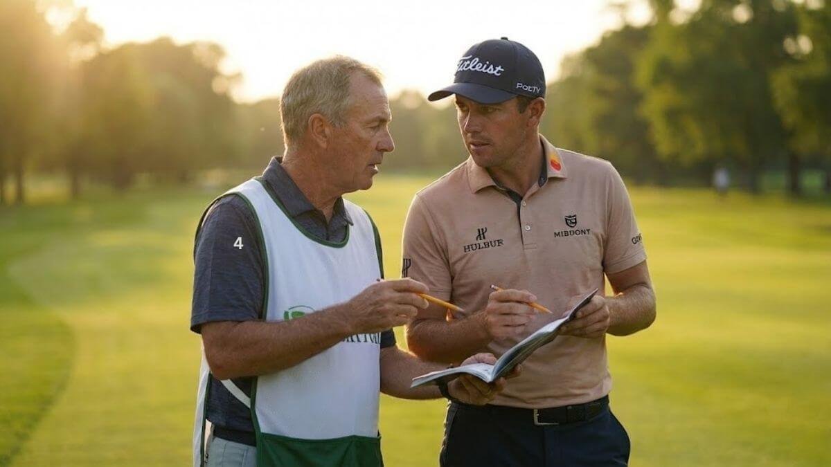 นักกอล์ฟยืนดูกล้องส่องระยะและสมุดจดระยะด้วยสีหน้าครุ่นคิด วางแผนการเล่นอย่างรอบคอบ