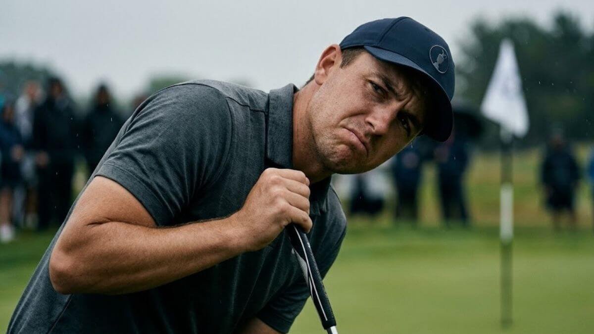 นักกอล์ฟยืนจรดพัตเตอร์แต่มีสีหน้าลังเลสับสนขณะมองไปที่หลุม สื่อถึงความไม่มั่นใจในไลน์พัตต์