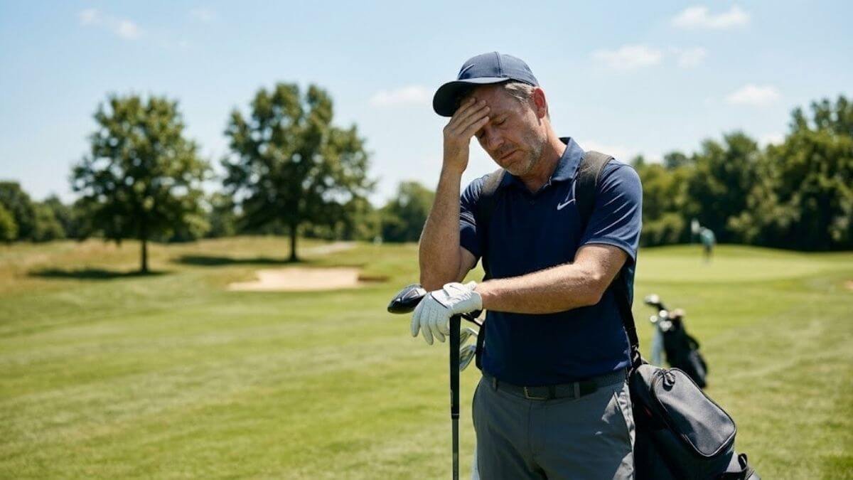 นักกอล์ฟยืนเอามือกุมขมับบนแฟร์เวย์ สื่อถึงความเหนื่อยล้าทางสมองและความเครียดจากการโฟกัสมากเกินไป