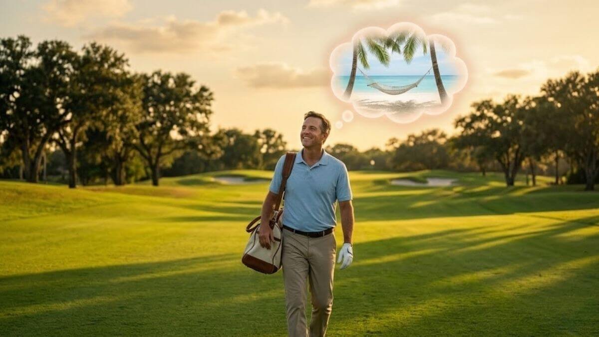 นักกอล์ฟกำลังเดินอย่างอารมณ์ดีบนแฟร์เวย์ มีกราฟิกจินตนาการถึงชายหาดหรือการพักผ่อน สื่อถึงการพักสมองระหว่างช็อต