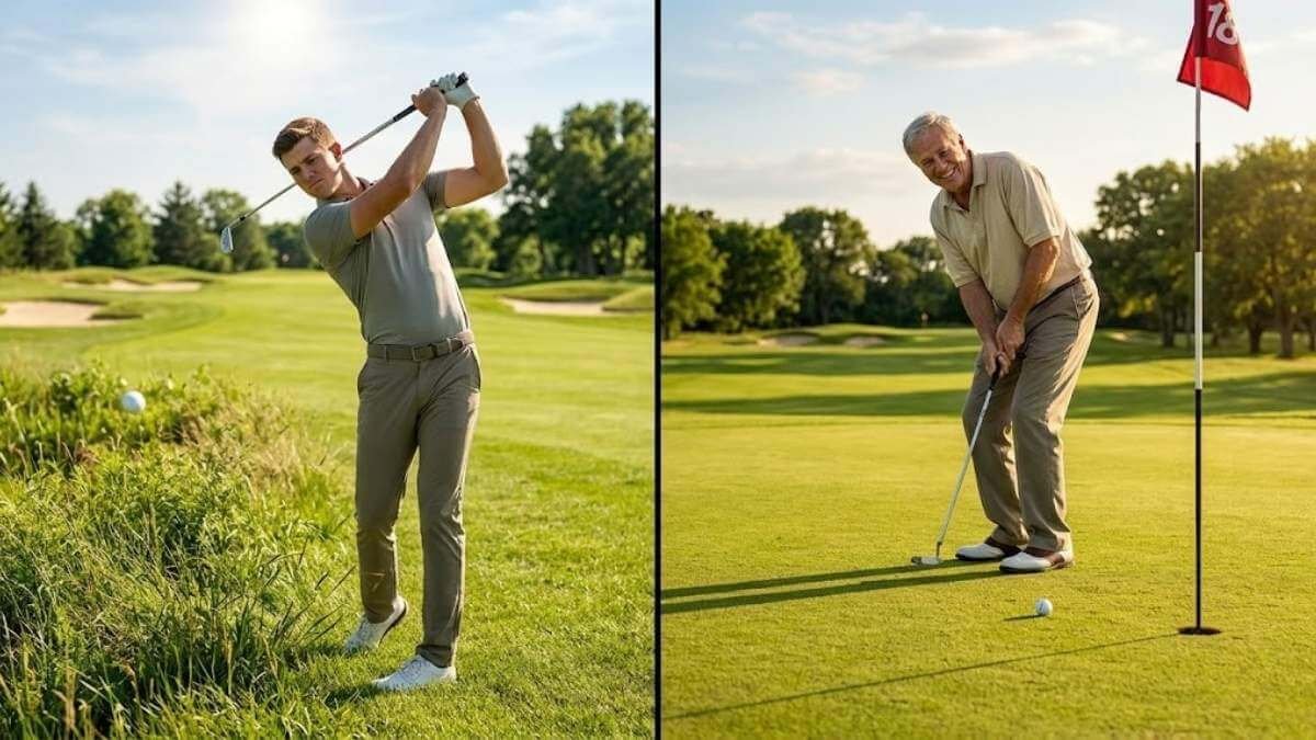 ภาพเปรียบเทียบนักกอล์ฟหนุ่มวงสวิงสวยงามแต่ลูกเข้าป่า กับคุณลุงวงสวิงแปลกๆ แต่กำลังพัตต์ลูกลงหลุมด้วยรอยยิ้ม