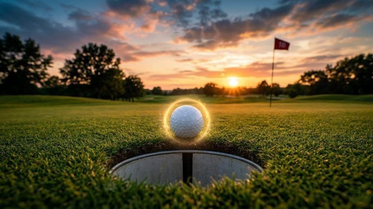 golf-purpose-ball-in-hole-featured ภาพลูกกอล์ฟกำลังจะตกลงไปในหลุม ท่ามกลางแสงแดดยามเย็น สื่อถึงเป้าหมายสูงสุดของกีฬากอล์ฟ